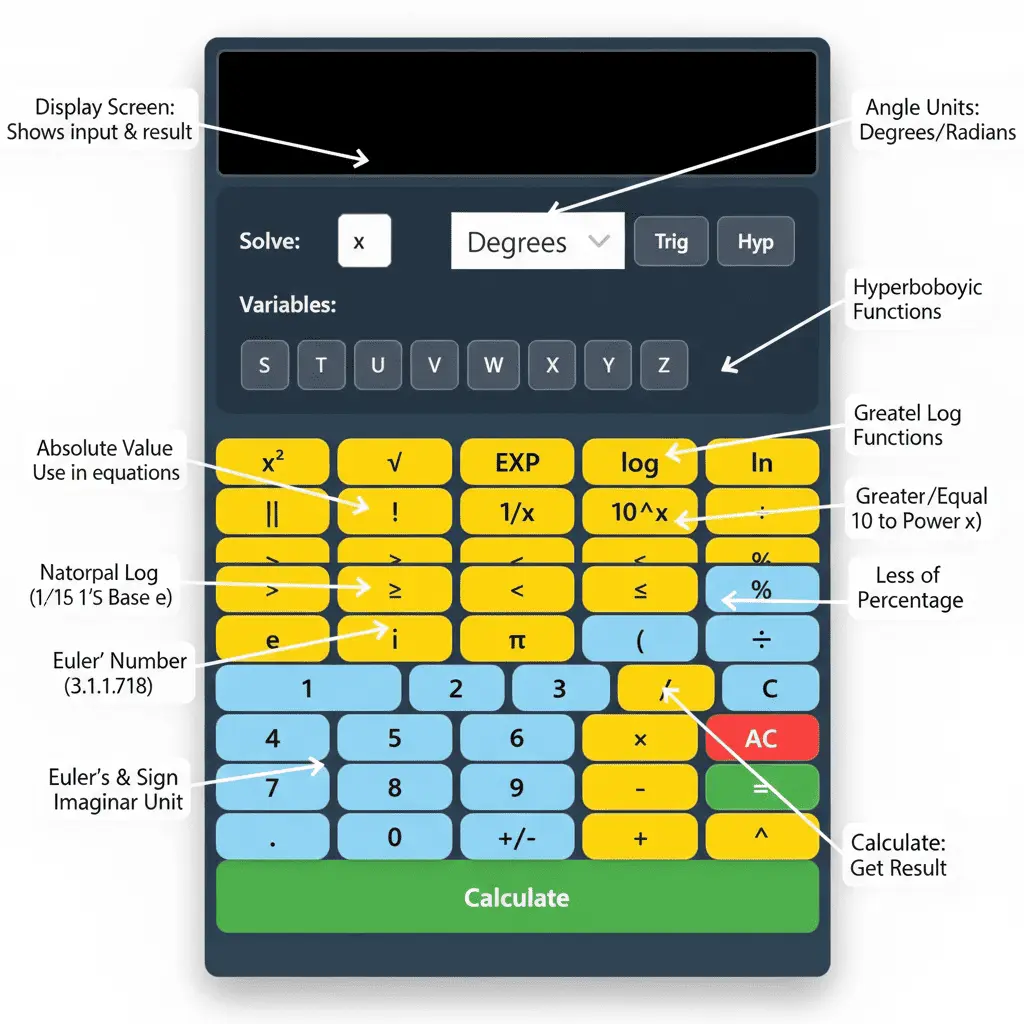 Calculadora de Álgebra avanzada mostrando funciones matemáticas, logaritmos, trigonometría, variables y botones de cálculo en pantalla digital